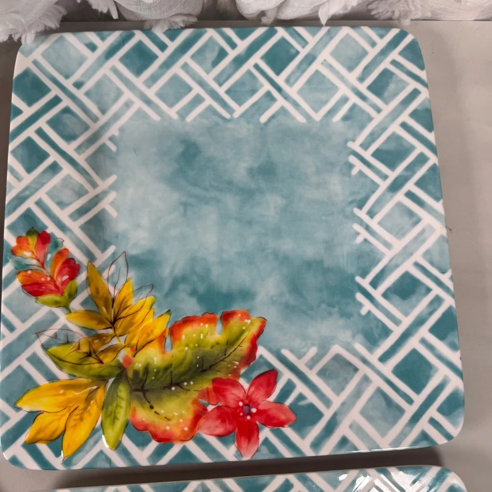 Laurie Gates Tropicalla Square Melamine Dinner Plates Tropical‎ Patio Set of 4